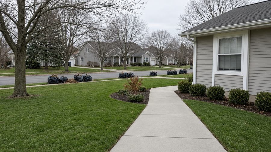 Yard cleared of leaves after cleanup, bags at the curb