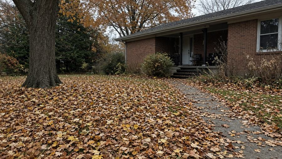 Yard with fallen leaves before cleanup